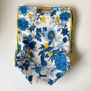 Vintage Blue and Yellow Floral Wooden Handle Bag